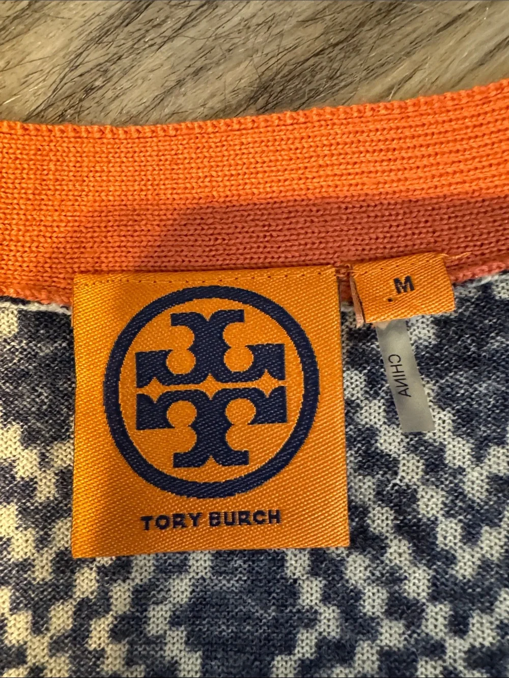Tory Burch Navy, Cream and Coral Geometric Button Cardigan Size M
